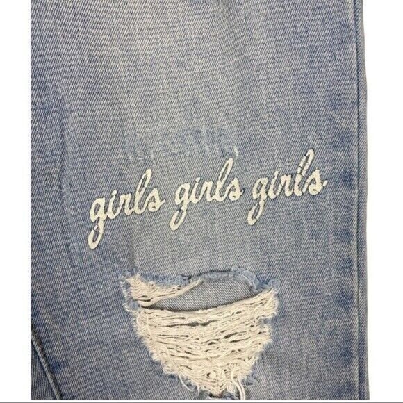 MISSGUIDED Riot Light Wash High Waist Distressed Mom Jeans Graphic Print US 6 - Picture 9 of 12